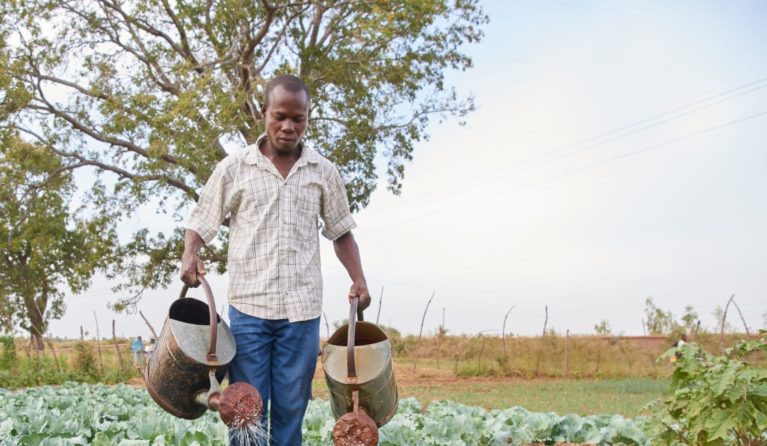 Farmer waters his plants